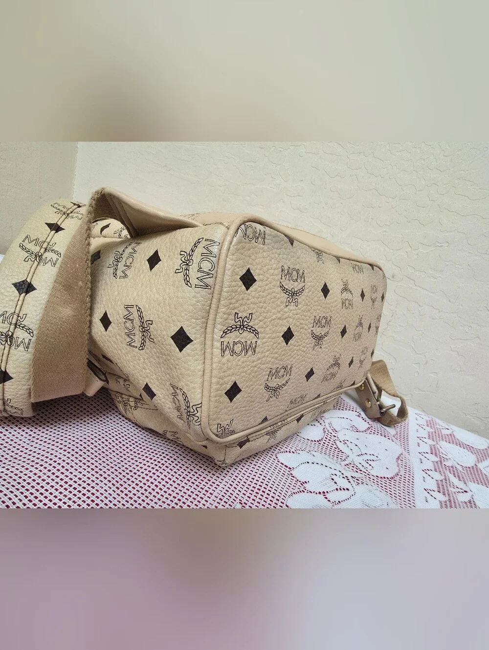 MCM Cream Monogram Medium Backpack AUTHENTIC